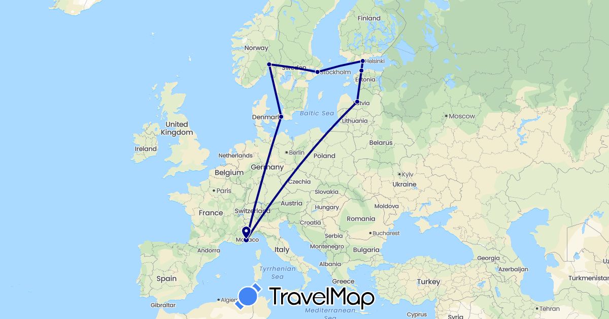 TravelMap itinerary: driving in Denmark, Estonia, Finland, France, Latvia, Norway, Sweden (Europe)